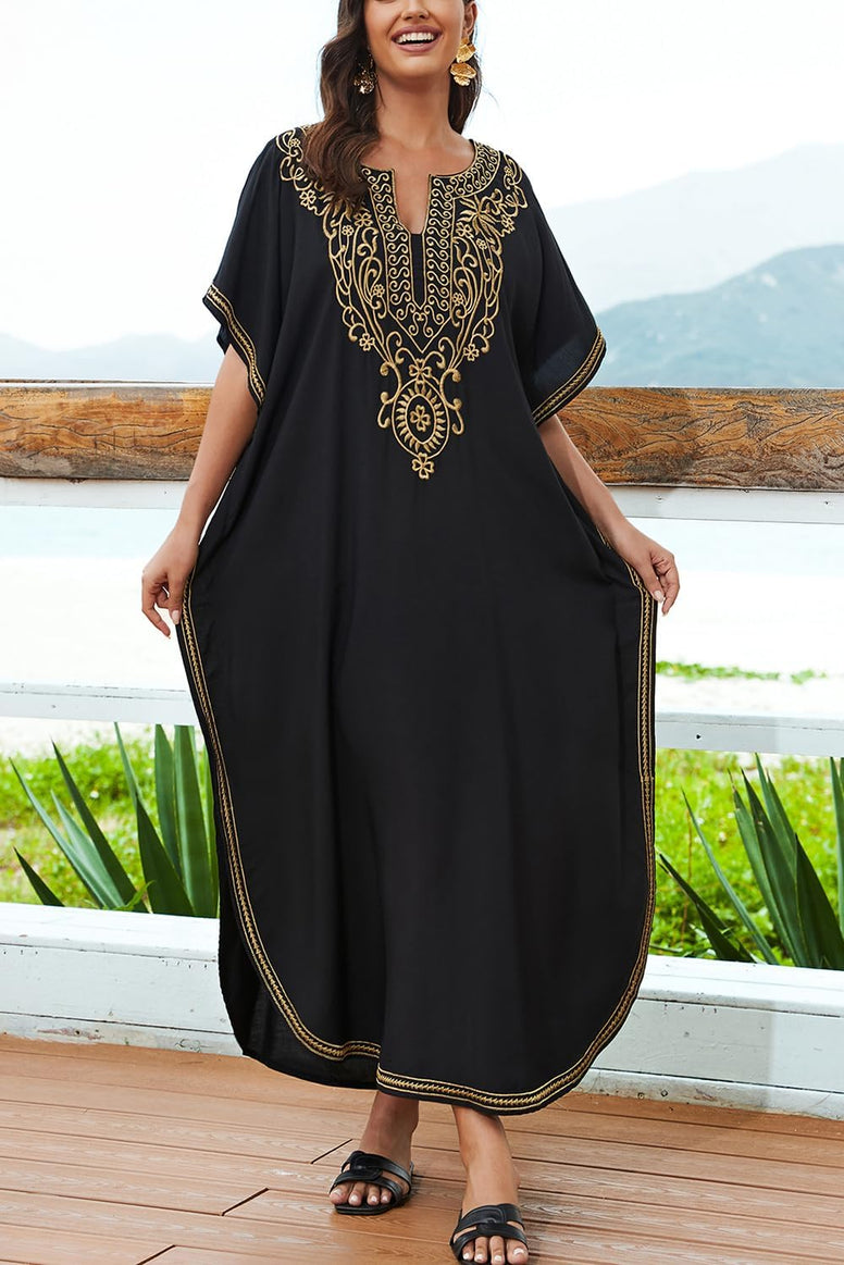 YouKD Embroidered Kaftan Dress Boho Beach Bikini Cover Up Robe Plus Size Loungewear for Women