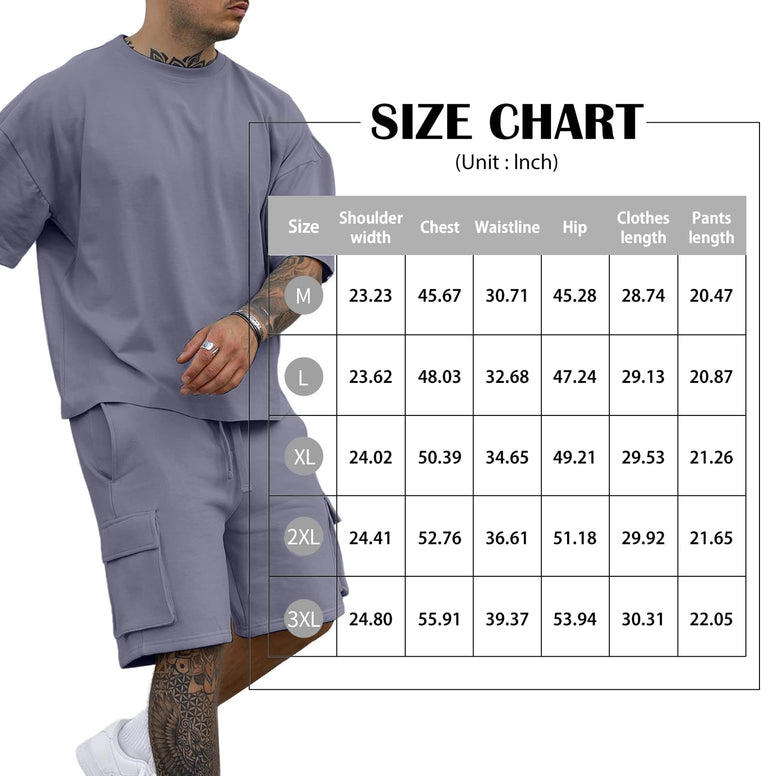 YawYews Men's 2 Piece Outfits Casual Tracksuit Cargo Shorts Summer Athletic Drop Shoulder Sleeve Sportwear Set