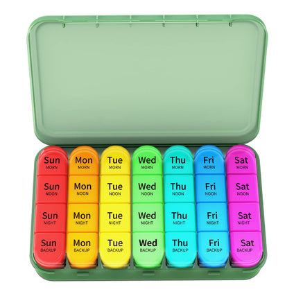 Zoksi 7 Day Pill Organizer 4 Times a Day, Weekly Pill Box, Large Travel Pill Case, Daily Medicine Organizer Container with 28 Portable Compartments for Fish Oils, Vitamins or Supplements (Olive Green)
