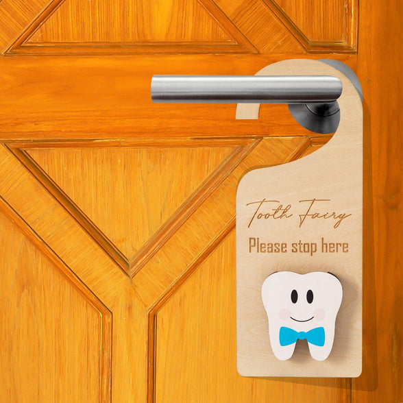 Xunboo Wooden Tooth Fairy Door Hanger with Cute Money Holder Gift for Lost Teeth Kids Tooth Fairy Pick up Box for Boys and Girls (Blue)