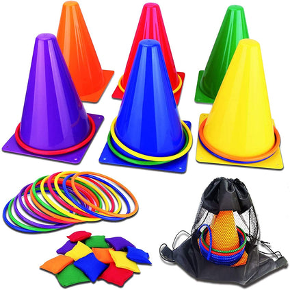 Coolchic 3 in 1 Outdoor Games Combo Set for Kids, 31PCS Coolchic Outdoor Yard Lawn Game, Soft Plastic Cones Bean Bags Ring Toss Game, Gift for Indoor or Outdoor Birthday Party/Carnival