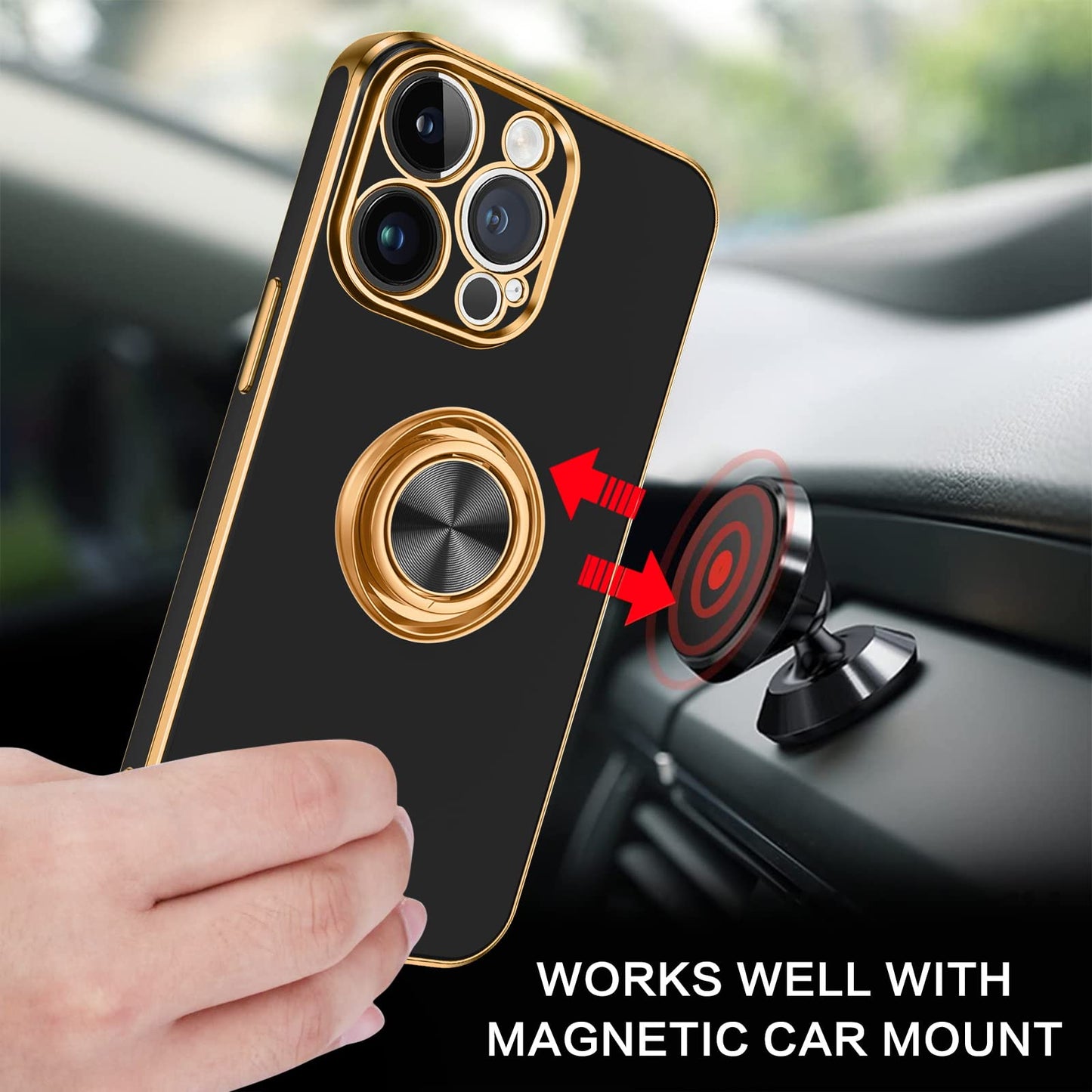 BENTOBEN iPhone 14 Pro Max Case, Slim Lightweight 360° Ring Holder Kickstand Support Car Mount Shockproof Women Men Non-Slip Protective Case for iPhone 14 Pro Max 6.7", Black/Gold