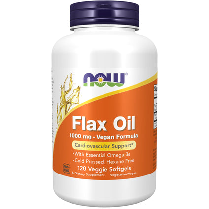 NOW Supplements, Flax Oil 1000 mg with Essential Omega-3s, Cold Pressed, Hexane Free, Vegan Formula, 120 Veg Softgels