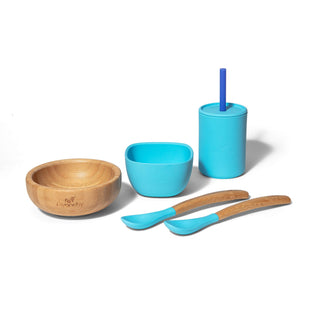 Avanchy Bamboo La Petite Family Collections Gift Set Blue - Includes Mini Bamboo Bowl, Silicone Bowl, Silicone Cup, and Bamboo Baby and Infant Spoons - Baby Dishes Set - Baby Shower Gifts