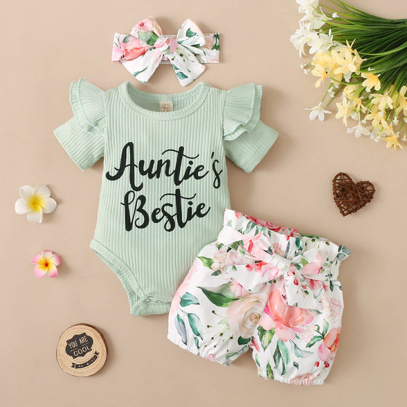 Auntie Baby Clothes Girl Newborn Baby Girl Outfits Short Sets, Sleeve Ribbed Romper Floral Shorts Clothes (0-3 Months)