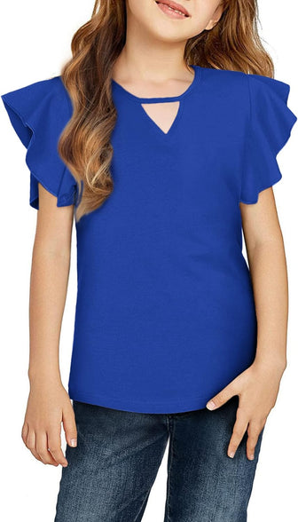 Greatchy Girls Shirts Short Sleeve Tee Ruffle Solid Summer Keyhole Neck Cotton Blouse Tops