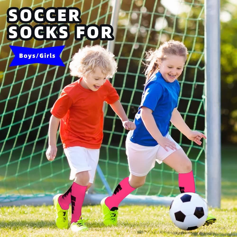 Kids Athletic Soccer Socks, 2 Pairs Knee High Socks for Youth Boys Girls for Shoe Size 3-6.5 / Ages 6-12