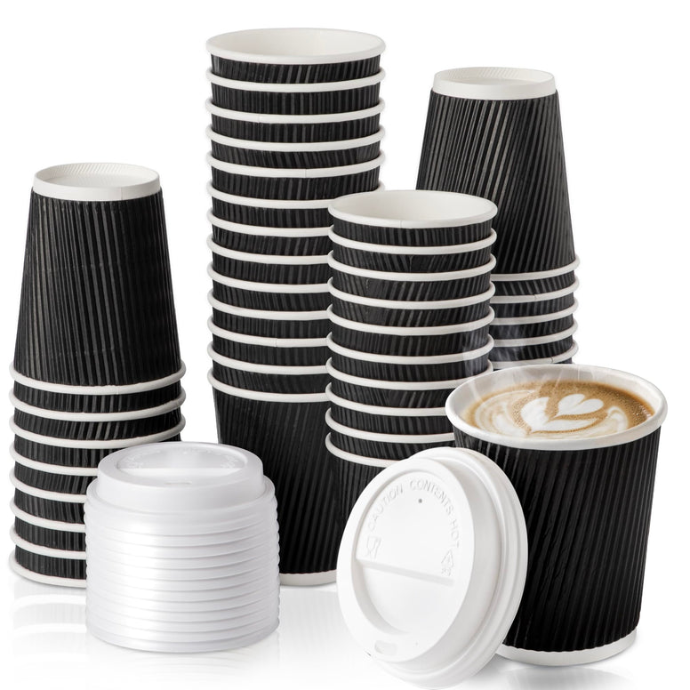 Fit Meal Prep [50 Pack] Disposable Hot Cups with Lids - 8 oz Black Double Wall Insulated Ripple Sleeves Coffee Cups with White Dome Lid - Kraft Paper Cup for To Go Chocolate, Tea, and Cocoa Drinks