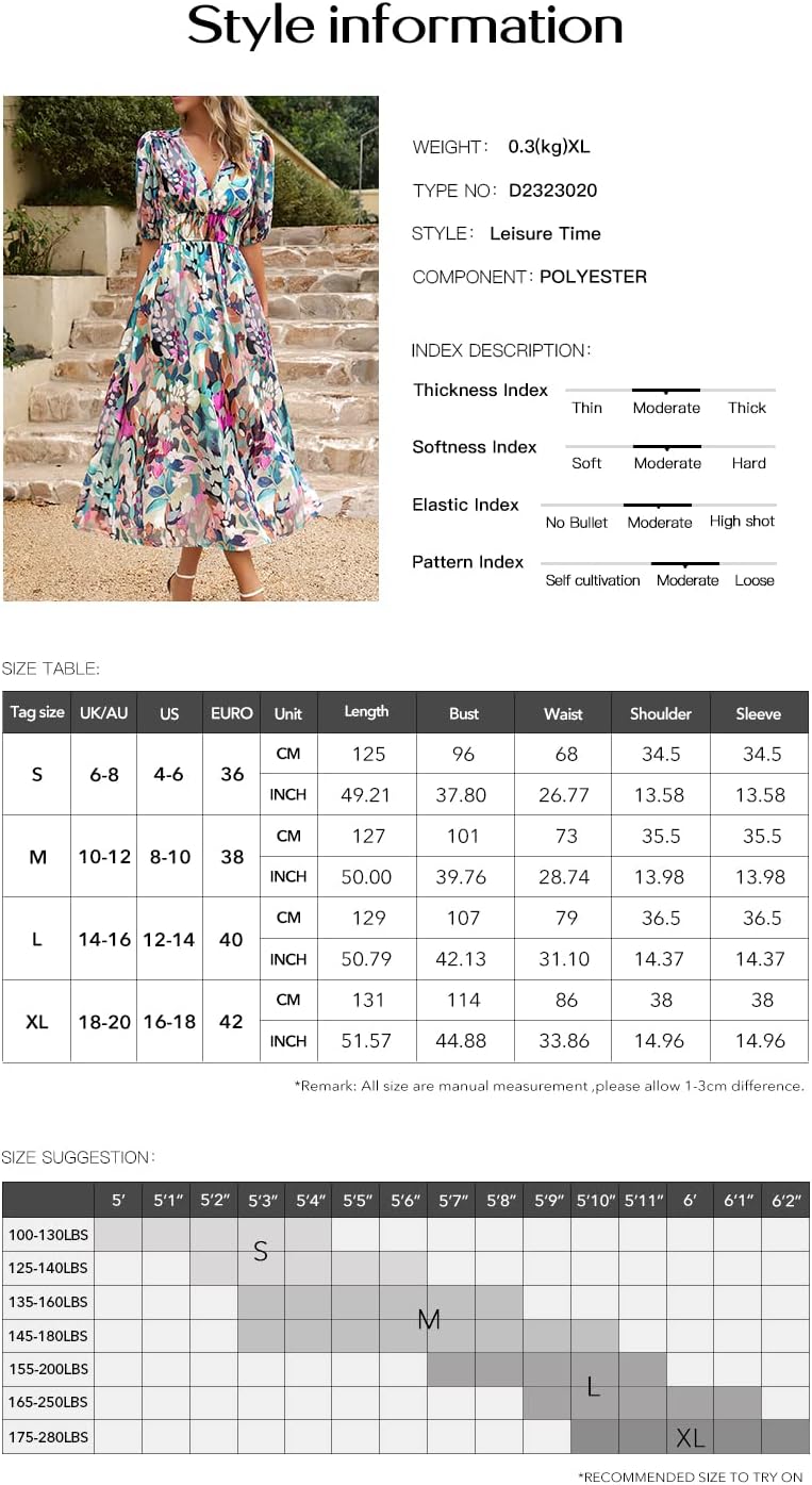 DOEUNNER Womens 2023 Summer Long Dress Floral Midi Dresses Wrap V Neck Smocked Ruffle Short Sleeve Flowy Belted Elastic Waist A Line Boho Dress