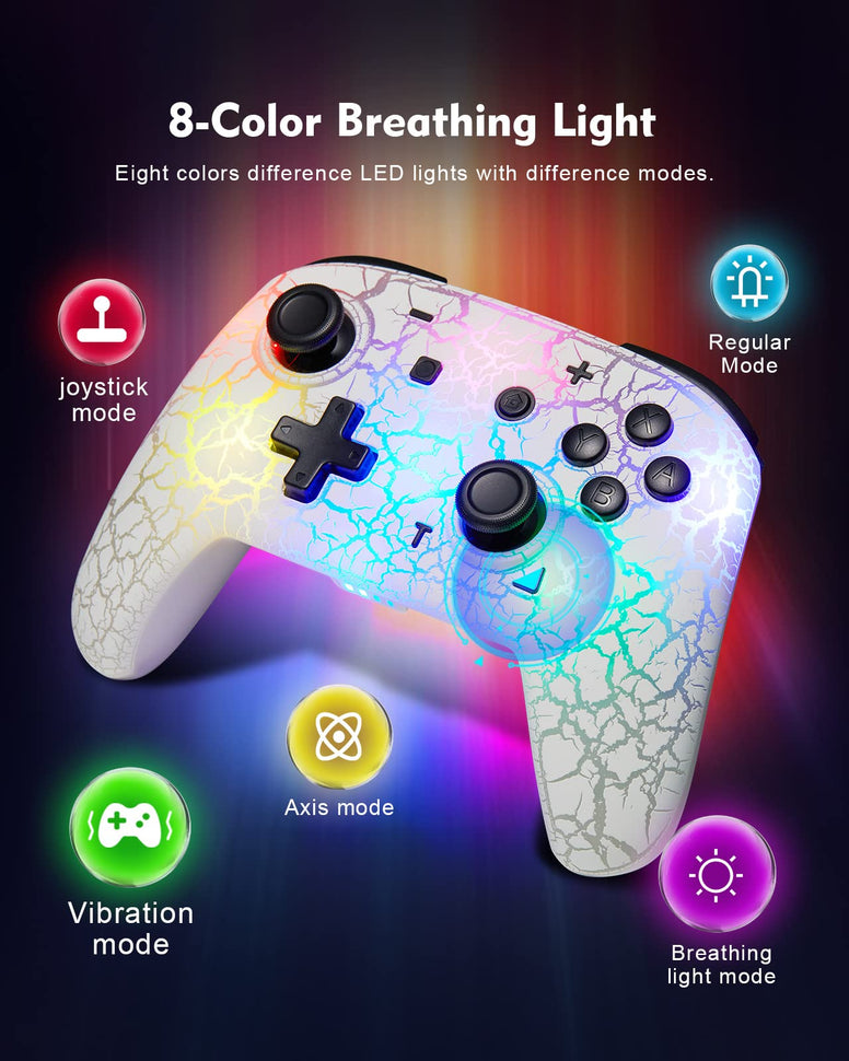 BlNBOK Switch Controller, Wireless Switch Pro Controller for Switch/Switch Lite/Switch OLED, 8 Colors Adjustable LED Wireless Remote Gamepad with Unique Crack/Turbo/Motion Control (White)