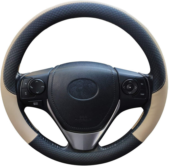 Anti-slip Leather Car Steering Wheel Cover Four Seasons Universal Car Wheel Cover 15 Inch Black and Beiga Color Steering Wheel Covers for Men & Women