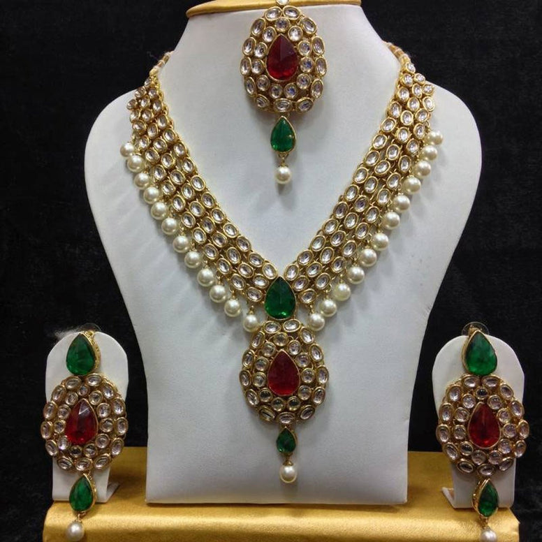 Shining Diva Gold Plated Kundan Pearl Party Wear Traditional Necklace Jewellery Set with Maang Tikka and Earring for Women(Multicolor)