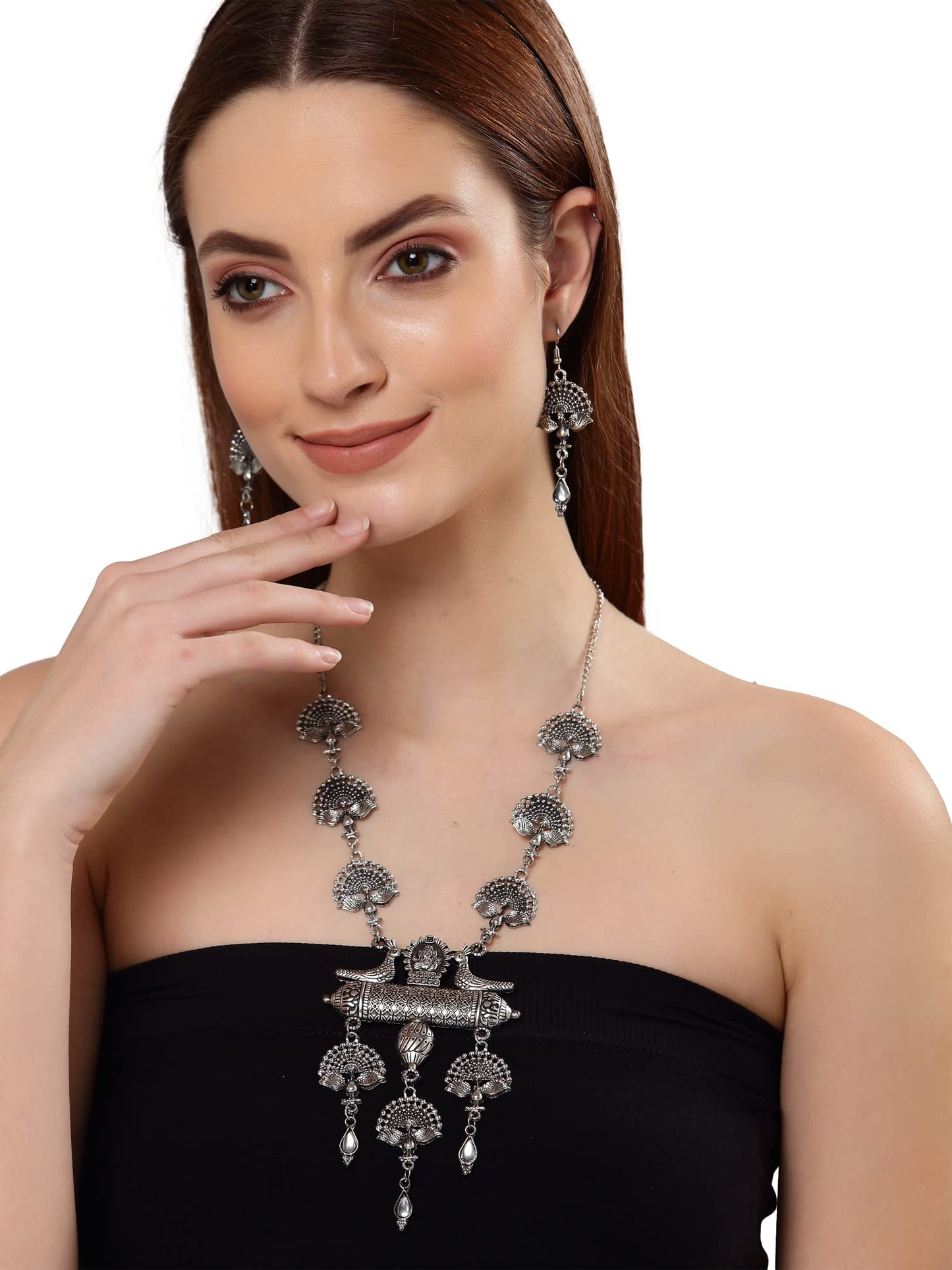 Shining Diva Fashion Latest Stylish Traditional Oxidised Silver Necklace Jewellery Set for Women (13160s)