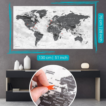 XXL World Map as Pin Board | Travel Destinations and Holidays | Map Made of Elegant Fleece | 130 x 70 cm with 20 Flags