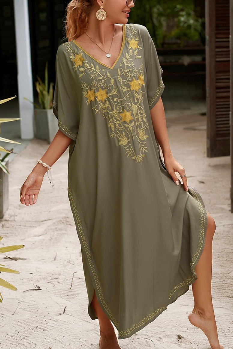 YouKD Embroidered Kaftan Dress Boho Beach Bikini Cover Up Robe Plus Size Loungewear for Women