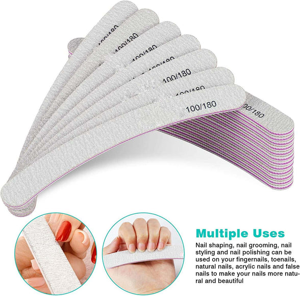 Nail Files, Professional Nail File Set, Curved Fingernail files, 100/180 grit Double-Sided Emery Board Manicure Tools for Home and Salon Use, 25PCS