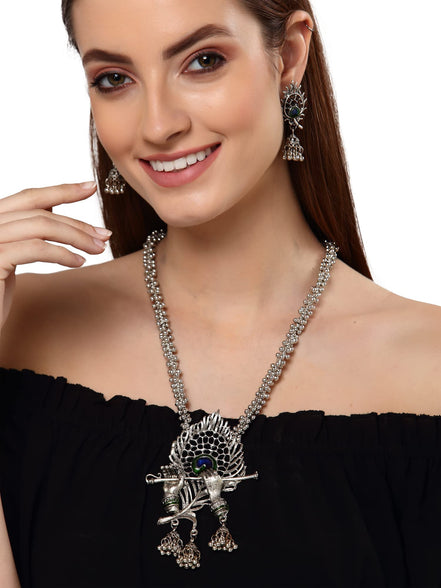 Shining Diva Fashion Latest Stylish Traditional Oxidised Silver Necklace Jewellery Set for Women (13165s)