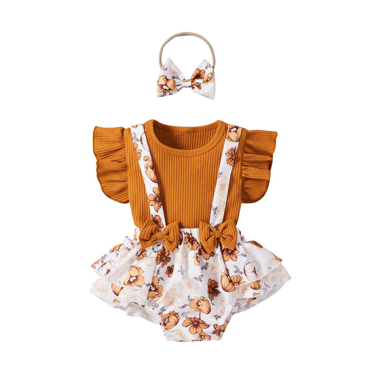 Newborn Baby Girls Summer Clothes Sets Ruffle Sleeve Top T-Shirt Floral Suspender Shorts Headband (0-3 Months)