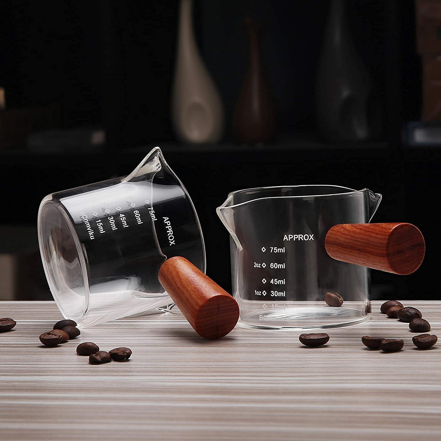Espresso Measuring Cup, Double Spouts Measuring Triple Pitcher Milk Cup, with Wood Handle 75ML Espresso Shot Glasses Parts Clear Glass, Espresso Shot Glasses Triple Pitcher Barista (1 Pack)