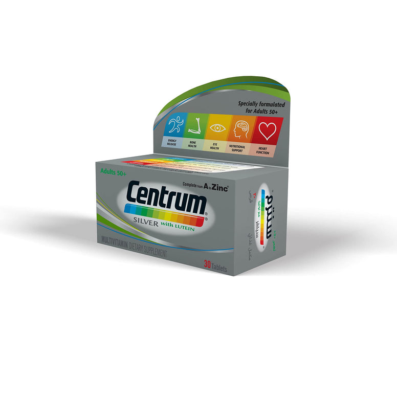 Centrum Silver with Lutein Multivitamin Tablets, Multimineral Supplements, for Adults 50 + with Zinc, Vitamin B, D & Magnesium,30 ct.