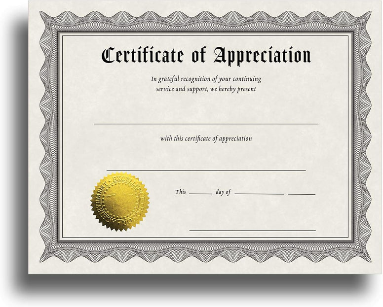 Certificate of Appreciation Certificate Paper with Embossed Gold Foil Seals - 30 Pack - Parchment Award Certificates for Students, Teachers, Employees - 8.5" x 11" Inkjet/Laser Printable
