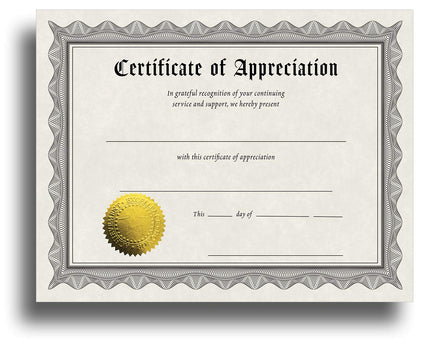 Certificate of Appreciation Certificate Paper with Embossed Gold Foil Seals - 30 Pack - Parchment Award Certificates for Students, Teachers, Employees - 8.5