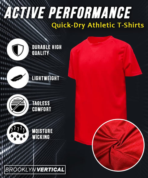 BROOKLYN VERTICAL Boy’s 5-Pack Quick Dry Moisture Wicking Active Athletic Performance Crewneck T-Shirt