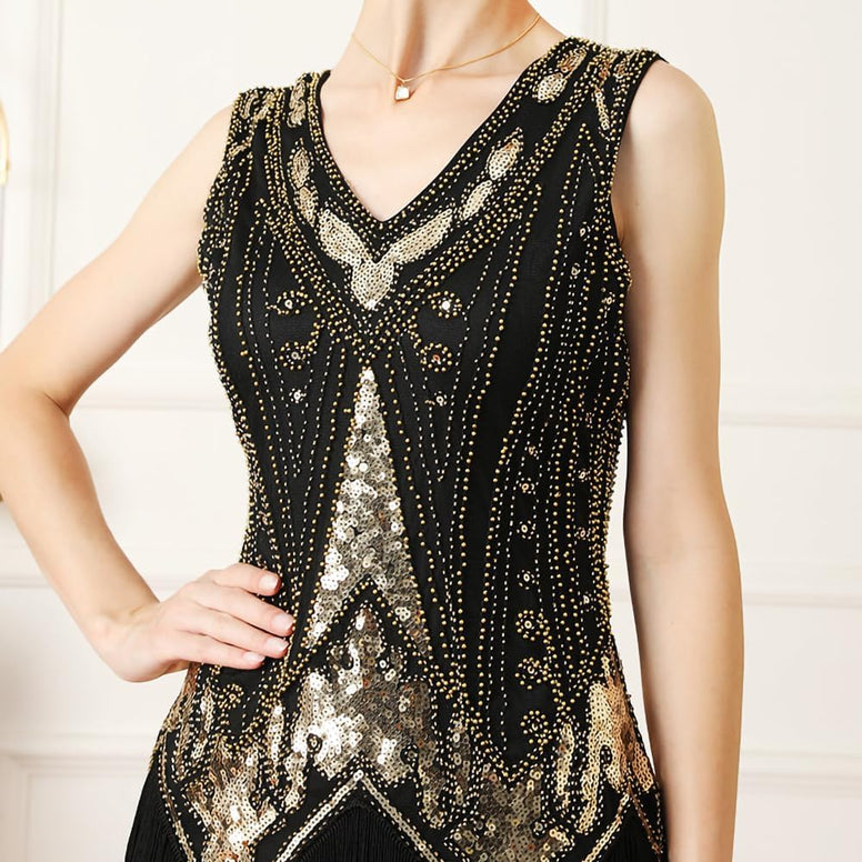 Great Gatsby 1920's Party Sequin Tassel Flapper Dress V Neck Vintage Beaded Evening Dress, Blackgold/M