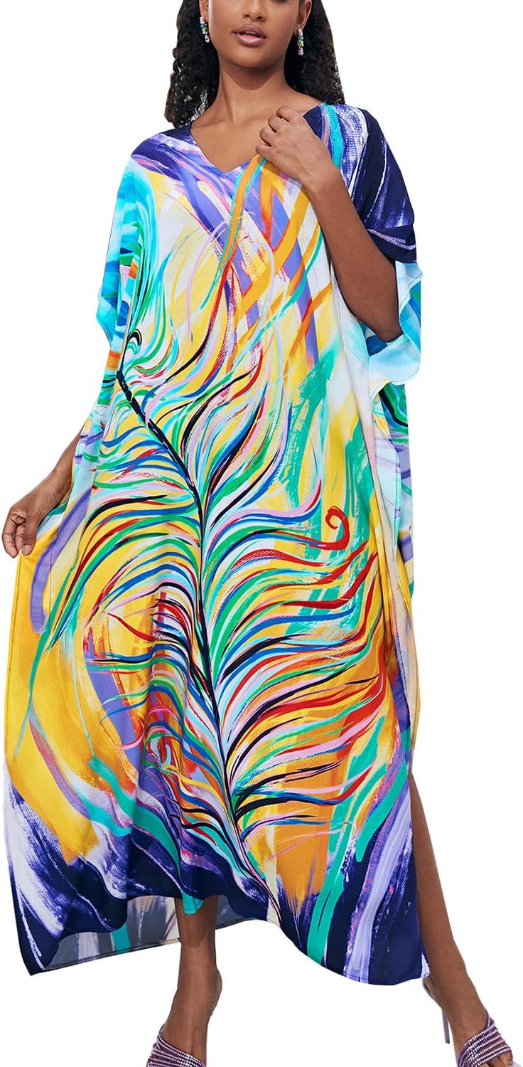 YouKD Women's Summer Bohemian Kaftan Plus Size Robe Beach Coverup Dress One Size Bathrobes