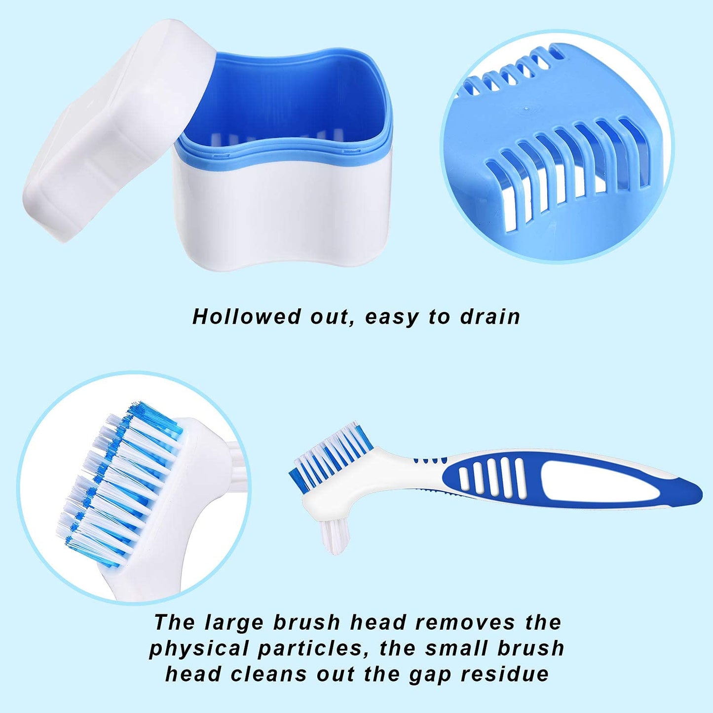 Denture Cleaner Box and Brush Set, 2 Pack Denture Bath Cases Denture Cups with 2 Pack Denture Cleaner Brushes with Denture Cleaner Brush Strainer Basket for Travel Cleaning