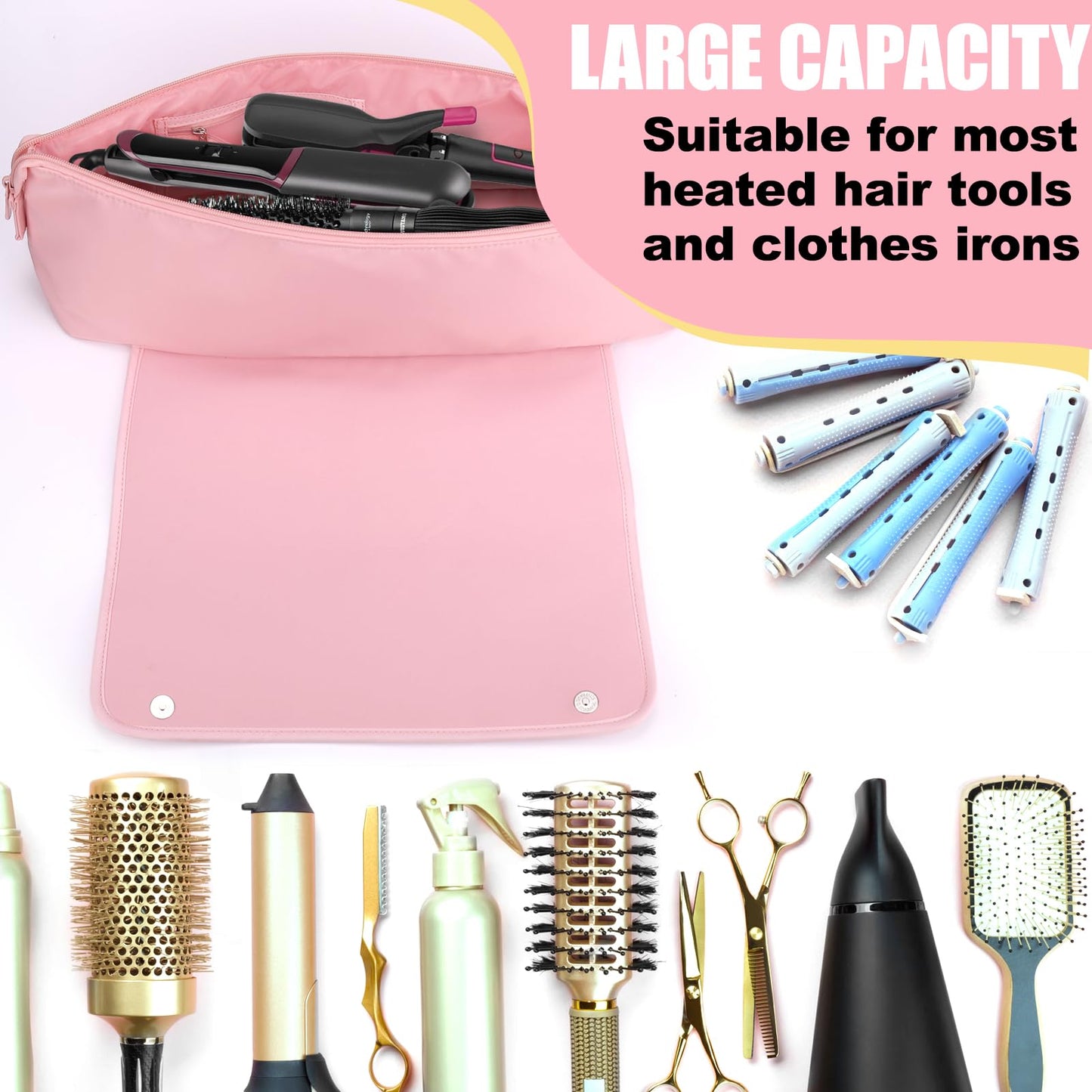 BABORUI Large Hair Tools Travel Bag, Heat Resistant Hair Travel Bag for Curling Iron, Flat Irons, Straighteners, Hanging Travel Hair Tools Bag with Heat Resistant Mat, Hangable Handles (Pink)