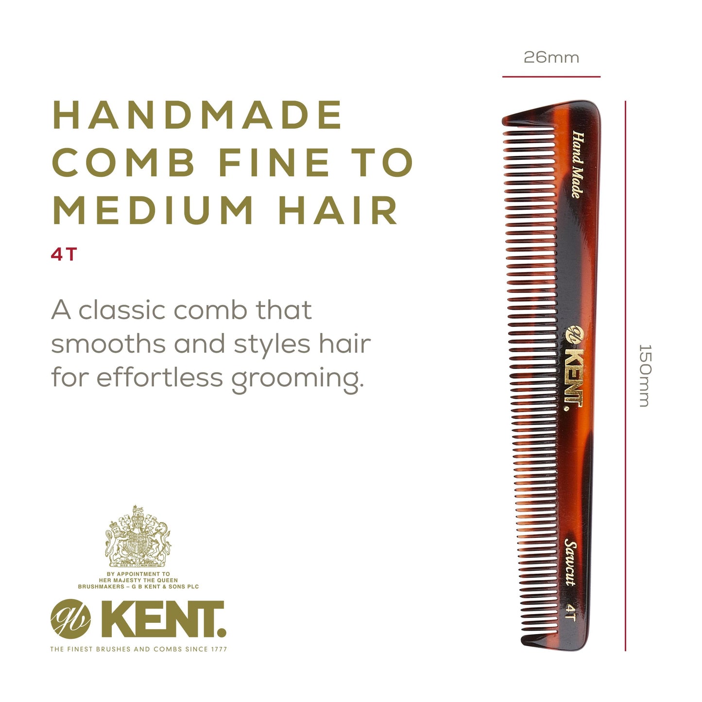 Kent Brushes Handmade Combs Range 4T Medium Size Coarse and Fine Comb