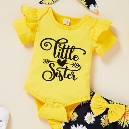 Baby Girl Sister Matching Outfits Little Big Sister Ruffle Romper Tops + Sunflower Shorts Set Summer Clothes (0-3 Months)