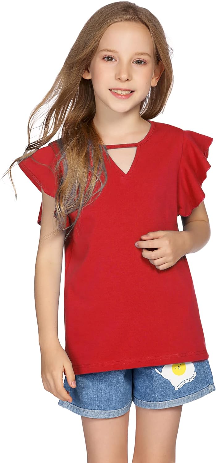 Greatchy Girls Shirts Short Sleeve Tee Ruffle Solid Summer Keyhole Neck Cotton Blouse Tops