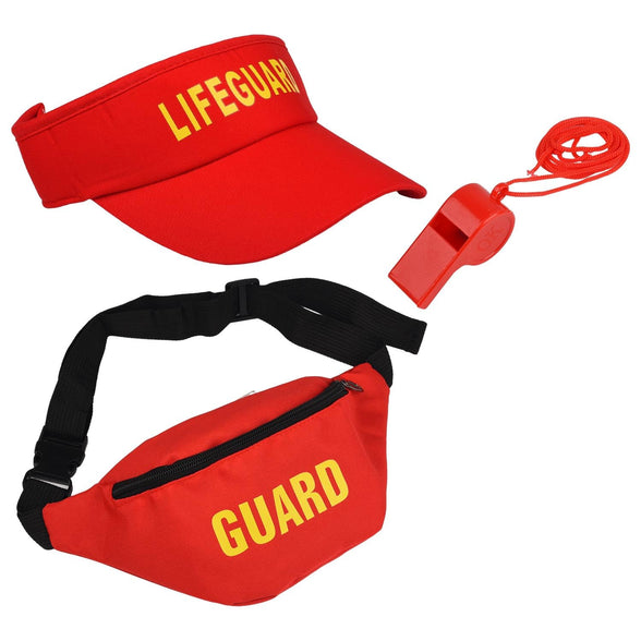 Bohue 3Pcs Lifeguard Costume Set Empty Top Sun Hat Adjustable Hat Red Waterproof Waist Bag Plastic Whistle Fancy Dress Accessories for Men Women