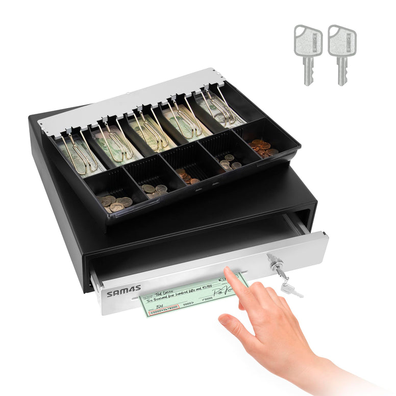 SAM4s 16" Heavy Duty Black Manual Push Open Cash Drawer with 5Bills and 5Coin Slots, Stainless Steel Front Touch Panel, Key Lock