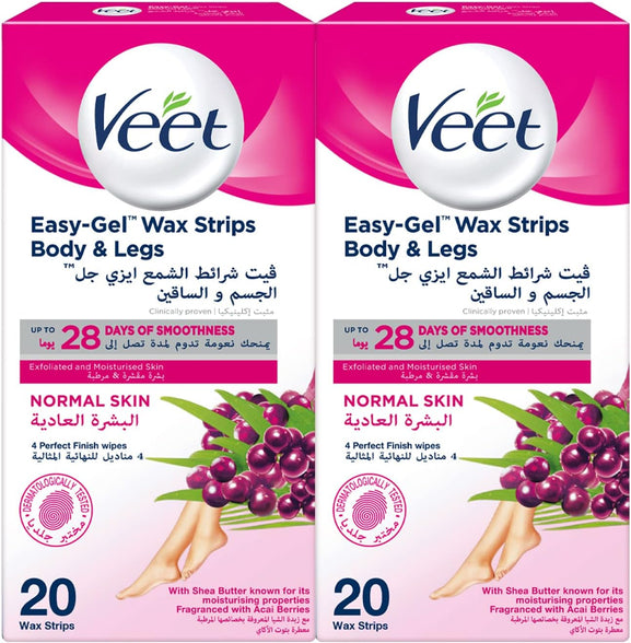 Veet Hair Removal Easy-Gel Wax Strips Body & Legs for Normal Skin, Moisturising Shea Butter and Acai Berries Scent – 20 Wax Strips, Twin Pack