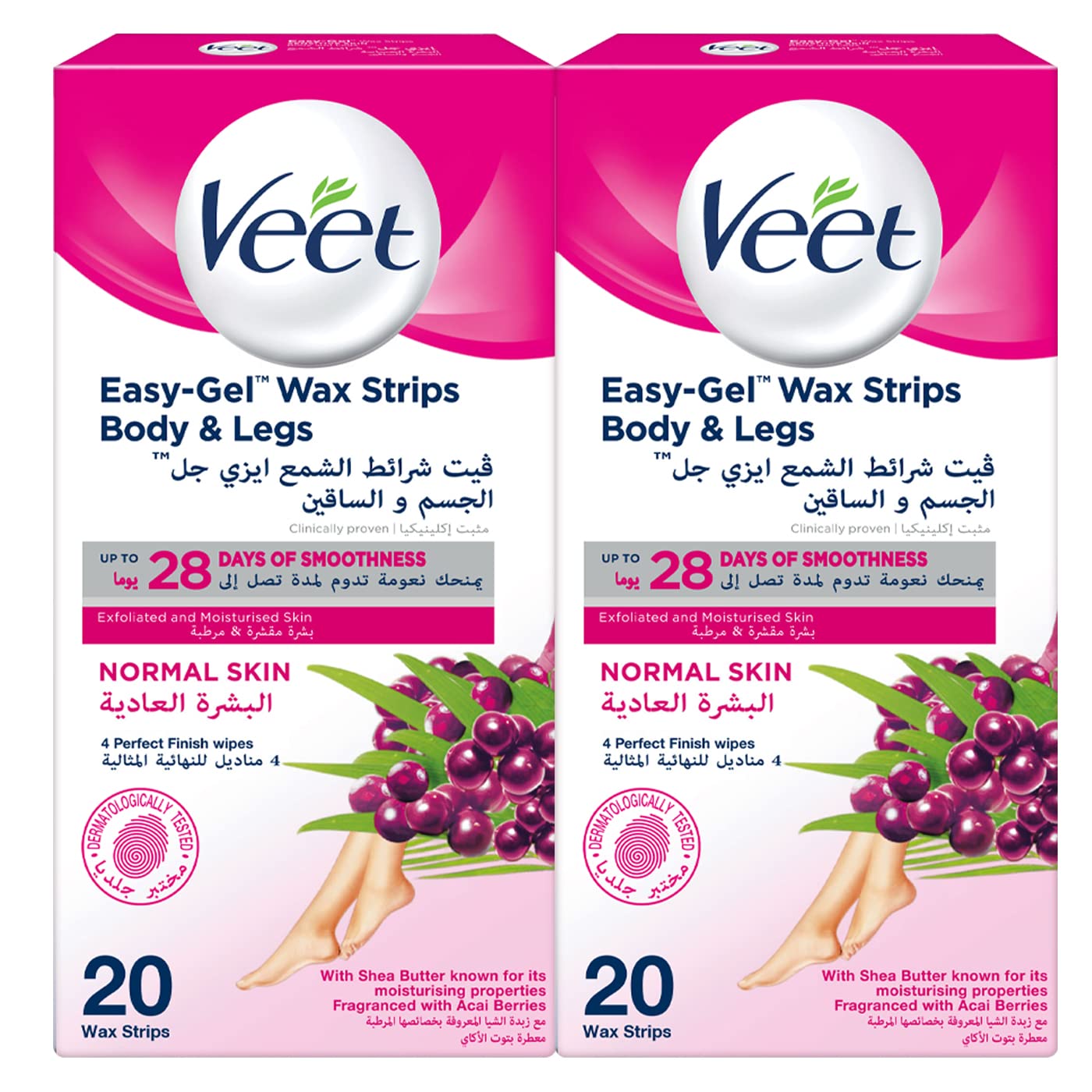 Veet Hair Removal Easy-Gel Wax Strips Body & Legs for Normal Skin, Moisturising Shea Butter and Acai Berries Scent – 20 Wax Strips, Twin Pack