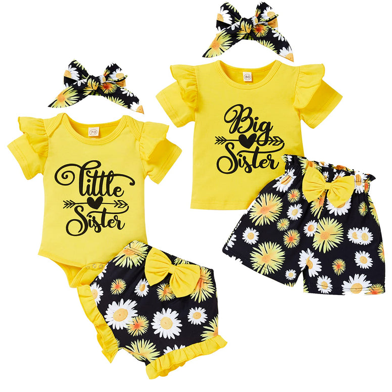 Baby Girl Sister Matching Outfits Little Big Sister Ruffle Romper Tops + Sunflower Shorts Set Summer Clothes (0-3 Months)