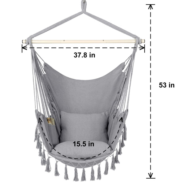 Y- STOP Hammock Chair Hanging Rope Swing, Max 330 Lbs, 2 Cushions Included-Large Macrame Hanging Chair with Pocket for Superior Comfort,Durability (Light Grey)