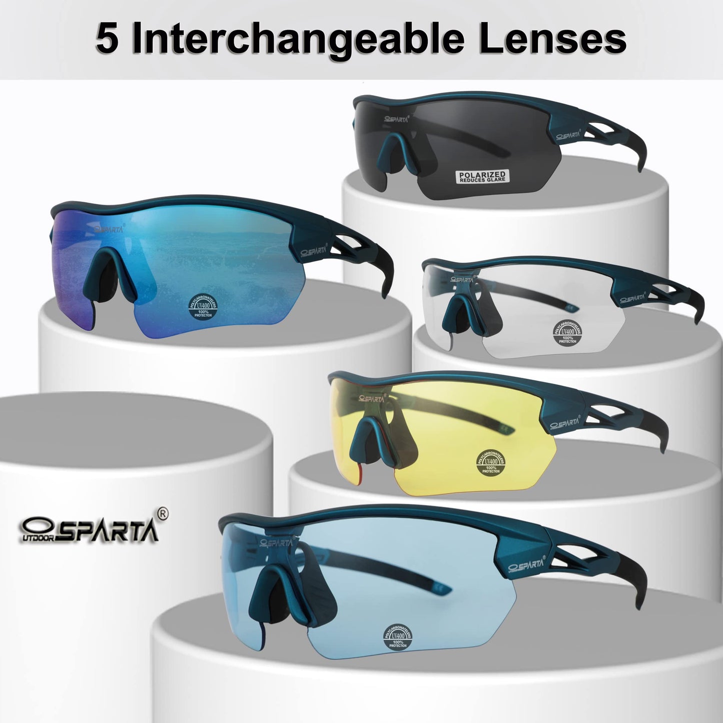 Polarized Sports Sunglasses UV400 with 5 Interchangeable Lenses,Mens Womens Baseball Driving Fishing Golf Running Cycling Glasses