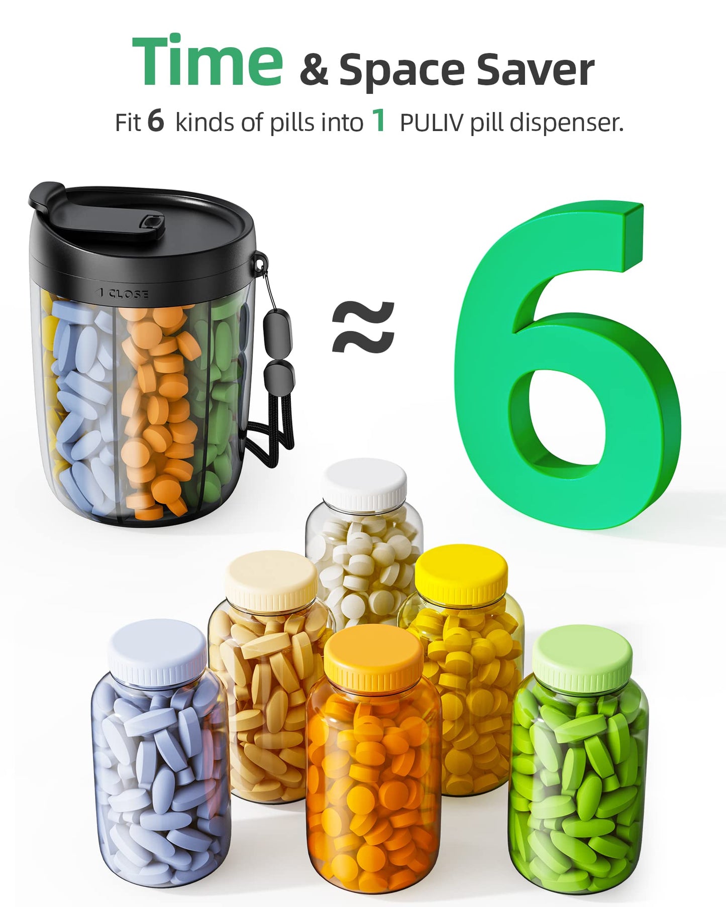 PULIV Large Supplement Organizer Bottle, Holds Plenty of Vitamins in 1 Monthly Pill Dispenser with Anti-Mixing & Wide Openings Design, Easy to Retrieve Meds, Includes 20 Pcs Stick-on Labels