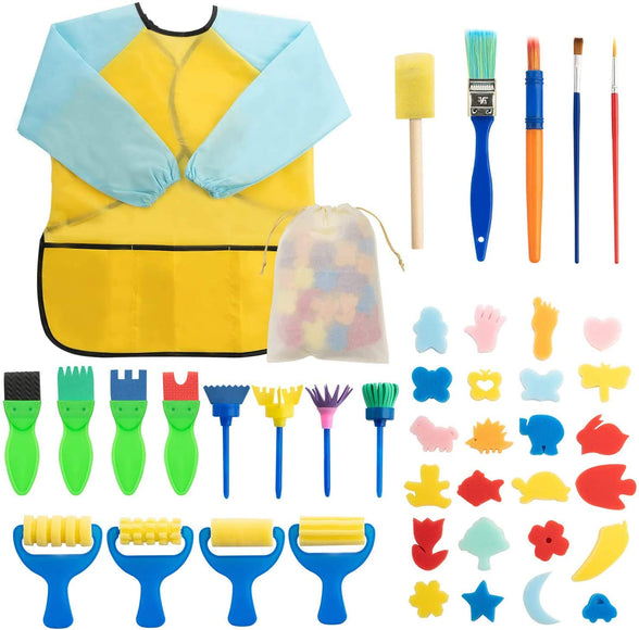 Mumoo Bear Kids Early Learning Sponge Painting Brushes Kit, 42 Pieces Sponge Drawing Shapes Paint Craft Brushes For Toddlers Assorted Pattern, Including Children Waterproof Art Painting Smock Apron