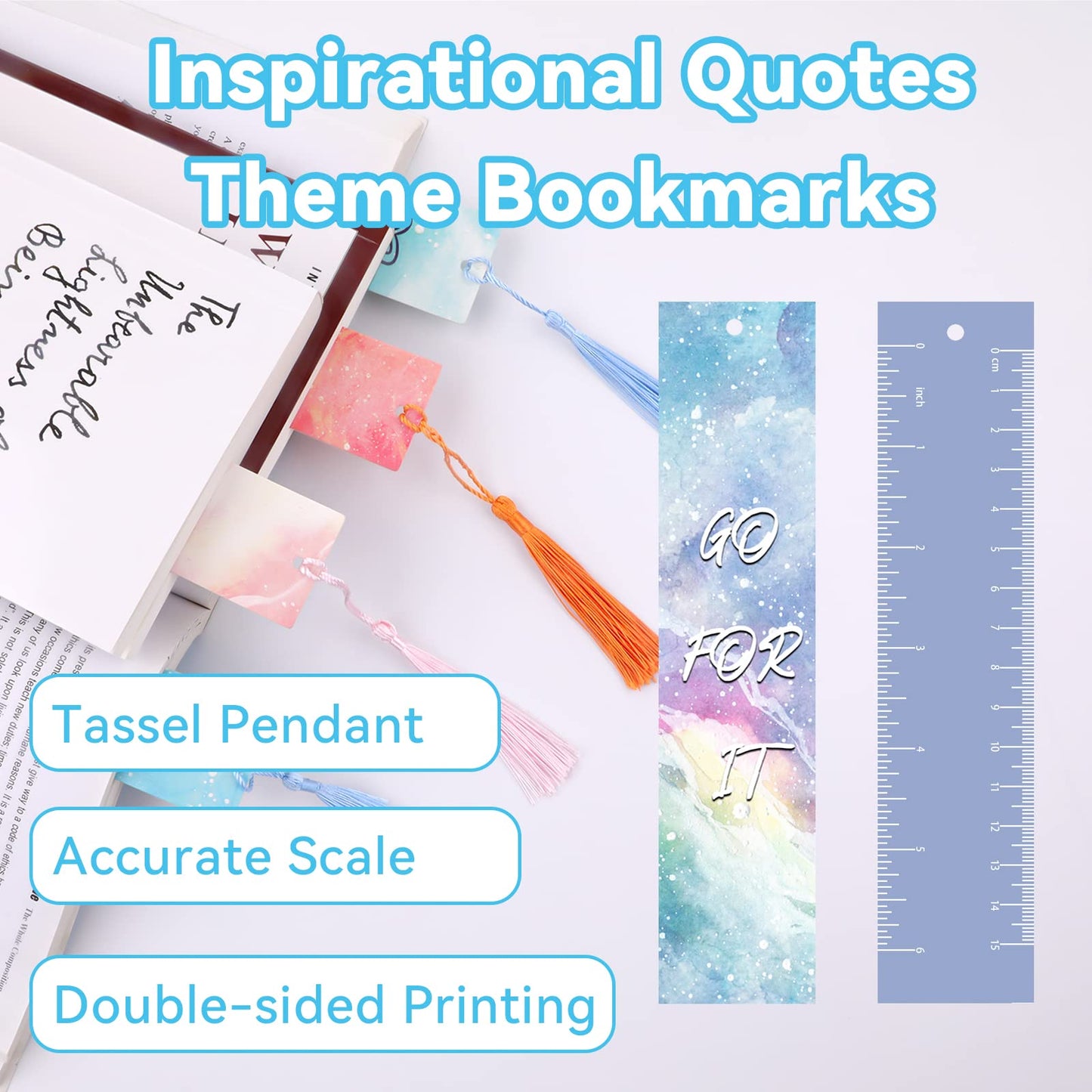 Bookmark,12 Pcs Inspirational Quotes Theme Bookmarks with 12 pcs Tassel Pendants, Double-Sided Book Mark, Page Markers for Children Boys and Girls, School Classroom Reading Present