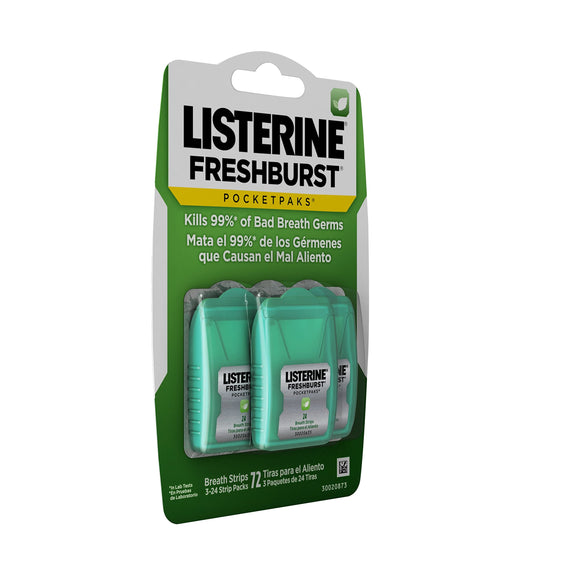 Listerine Freshburst Pocketpaks Breath Strips, Kills Bad Breath Germs, Portable Pack, 24-Strip Pack, 3 Pack