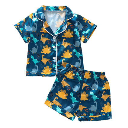 Qiylii Toddler Baby Boy Silk Pajamas Cow/Dinosaur Satin Pajamas Set Short Sleeve Button-Up Top Shorts 2PC PJs Summer 1 Year