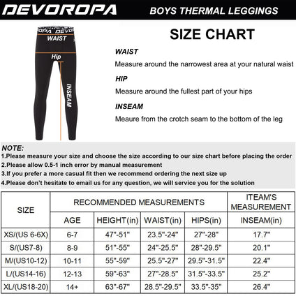 Devoropa Youth Boys' Compression Leggings Sports Tights Fleece Lined Thermal Base Layer Pants Gray Large