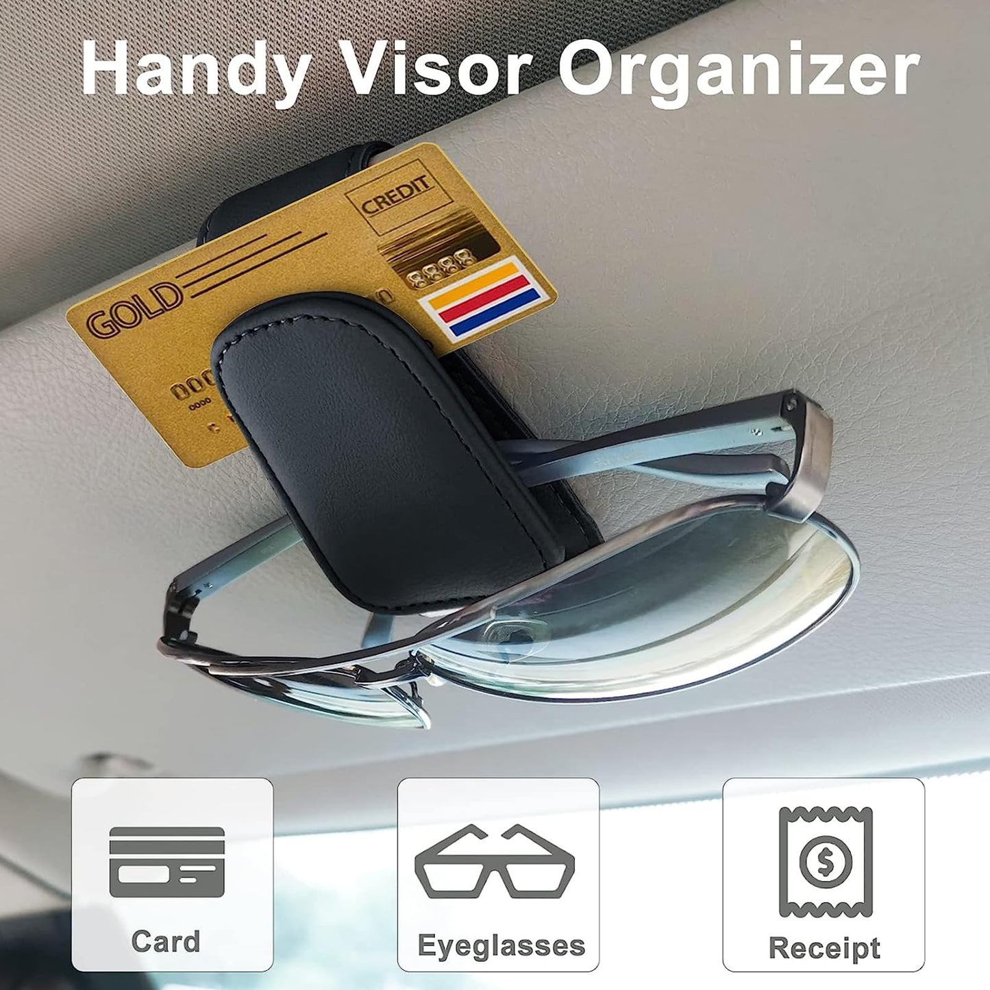 2 Packs Sunglasses Holders For Car Visor, Magnetic Leather Glasses Eyeglass Hanger Clip For Car, Ticket Card Clip Eyeglasses Mount(Black)