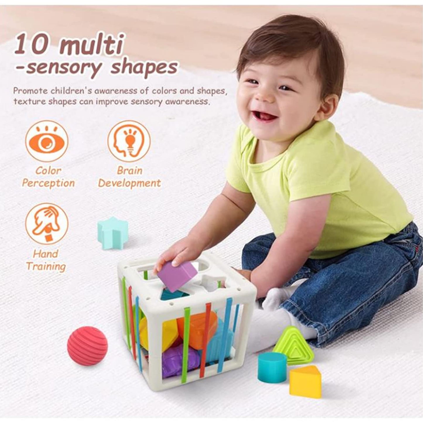 AM ANNA Shape Sorter Toy, Early Learning Montessori Toy for Baby, Colorful Cube Sensory Bins & 10 Pcs Blocks Fine Motor Skill Early Learning Preschool Educational Gift(Square)