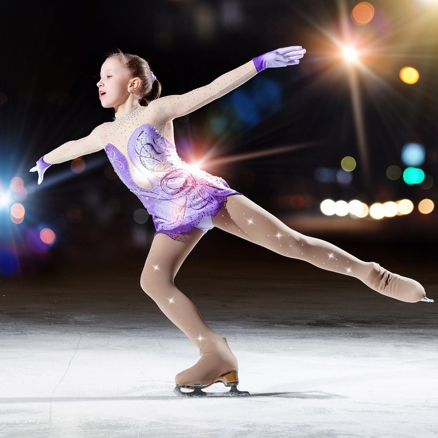 Ramede 3 Pcs Figure Skating Tights Rhinestones Ice Skate Tights Tan Crystal Figure for Girls Women Skating Ballet Dance Kids